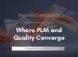 Abstract laptop with flowing data charts symbolizing the connection between PLM and QMS systems. Text reads ‘Beyond Compliance – Where PLM and Quality Converge. Integration Drives Results.