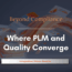 Abstract laptop with flowing data charts symbolizing the connection between PLM and QMS systems. Text reads ‘Beyond Compliance – Where PLM and Quality Converge. Integration Drives Results.